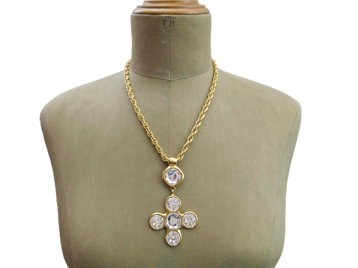 YVES SAINT LAURENT clear rhinestone cross necklace and earrings