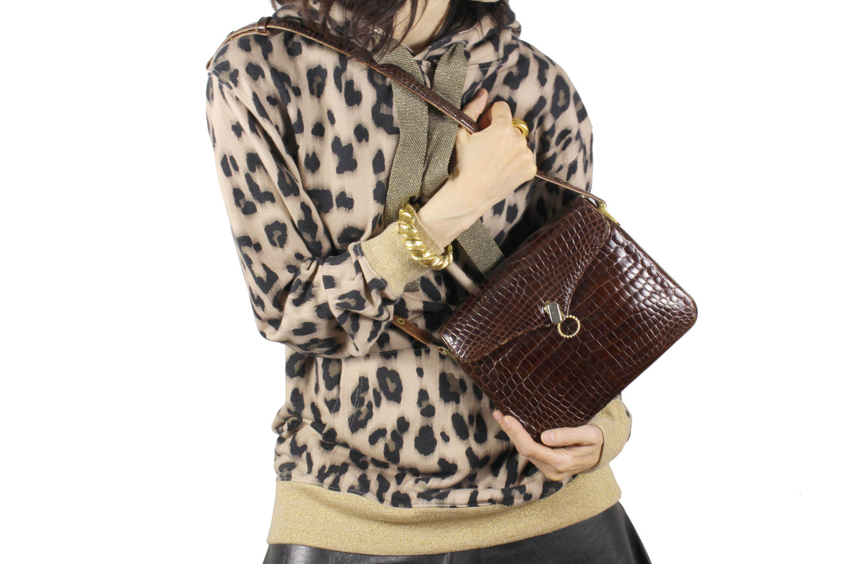 Kwanpen Dark Brown Sea Crocodile Small Shoulder Handbag pursue 