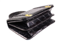 ARIES jet black crocodile skin handbag flap double clasp