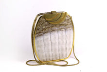 Cream & taupe "sauvage" crocodile skin metal-hard sided clutch