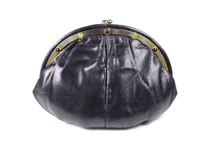 JUDITH LEIBER blue black snake skin handbag