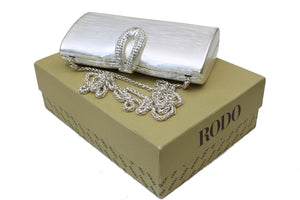 RODO silver clutch purse with rhinestone clasp