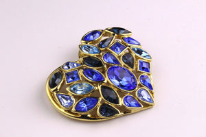 YVES SAINT LAURENT gold heart blue rhinestone brooch