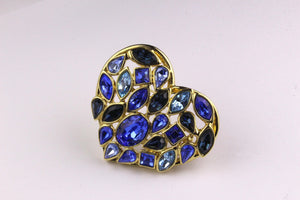 YVES SAINT LAURENT gold heart blue rhinestone brooch