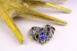 YVES SAINT LAURENT gold heart blue rhinestone brooch