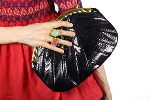 JUDITH LEIBER black snake skin pleated handbag