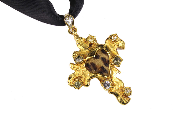 CHRISTIAN LACROIX cross heart leopard print pendant