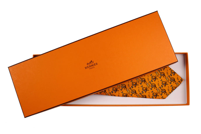 HERMÈS orange monkeys alligators silk tie