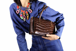 Chocolate brown crocodile skin box purse double handle