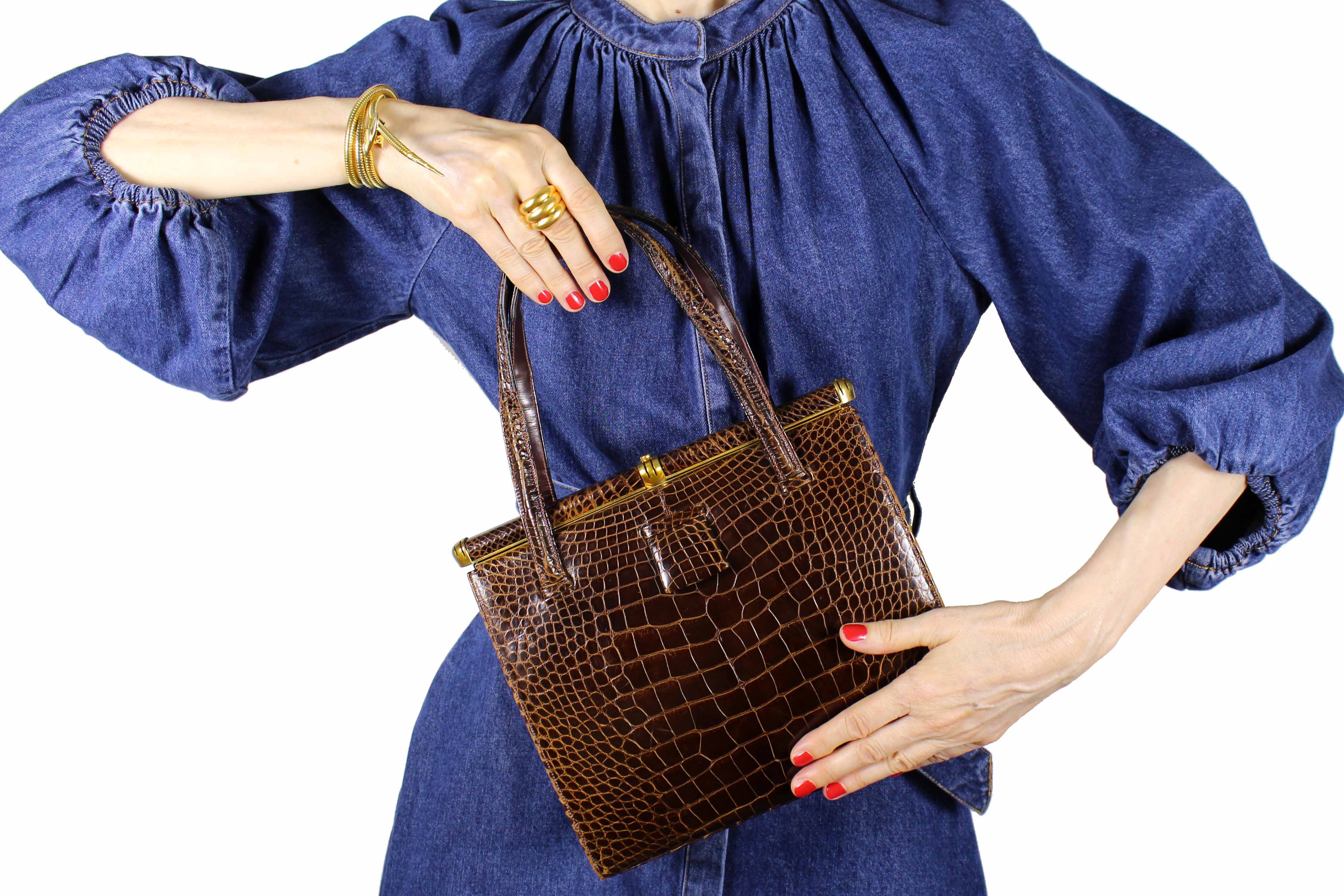LUCILLE DE PARIS brown crocodile skin handbag double handle – Vintage Carwen