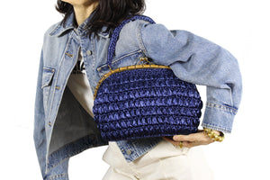Blue raffia bamboo frame handbag
