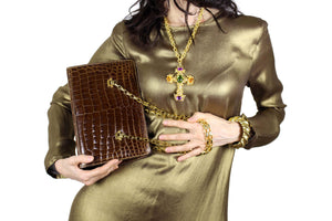 Chocolate brown baby crocodile skin handbag chain handle