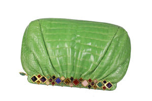 JUDITH LEIBER green crocodile skin jewel frame clutch handbag