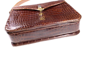 KWANPEN brown baby crocodile skin handbag with extending handle