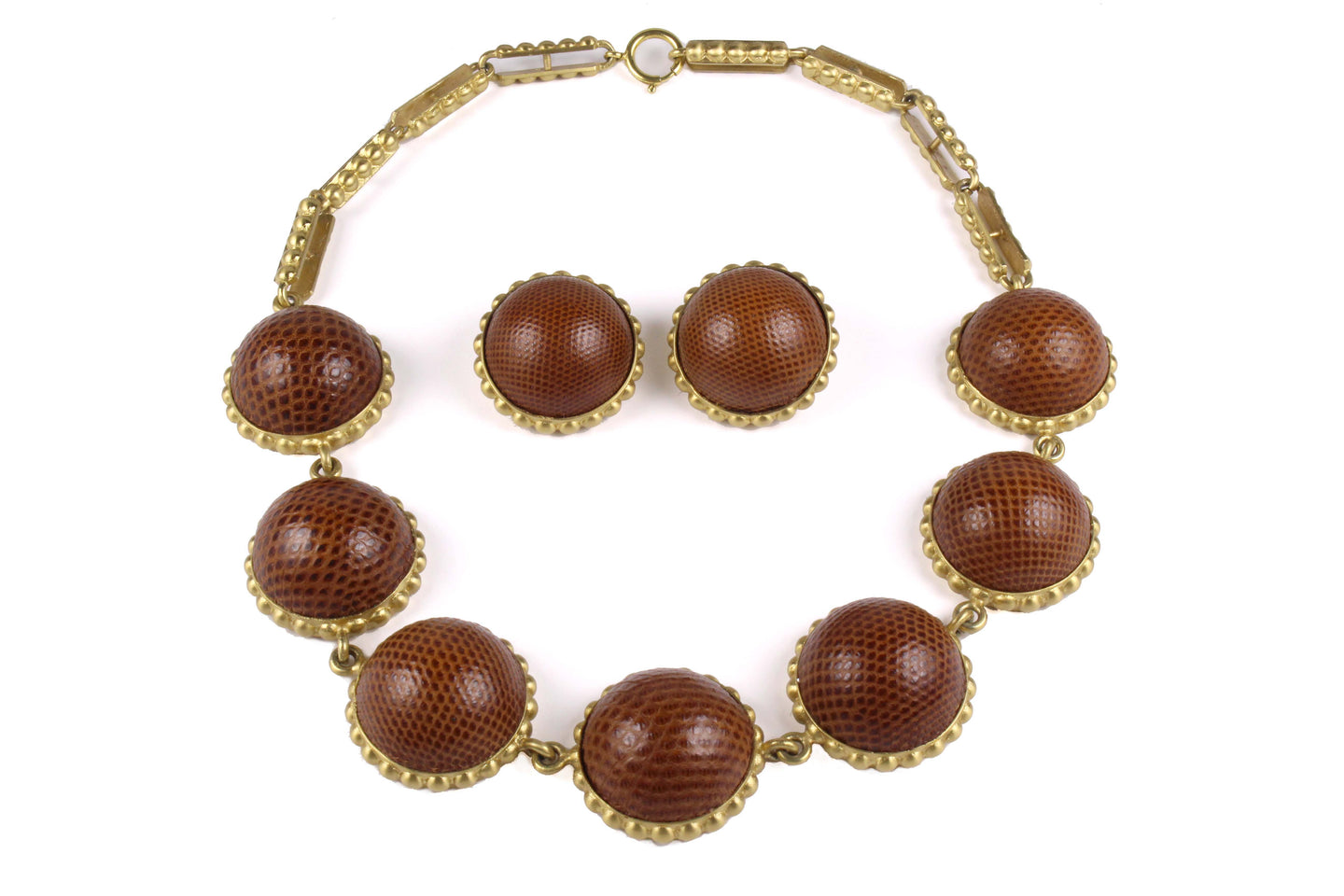 LOEWE brown lizard skin necklace and earrings set