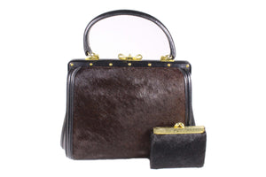 Black leather and brown fur frame handbag