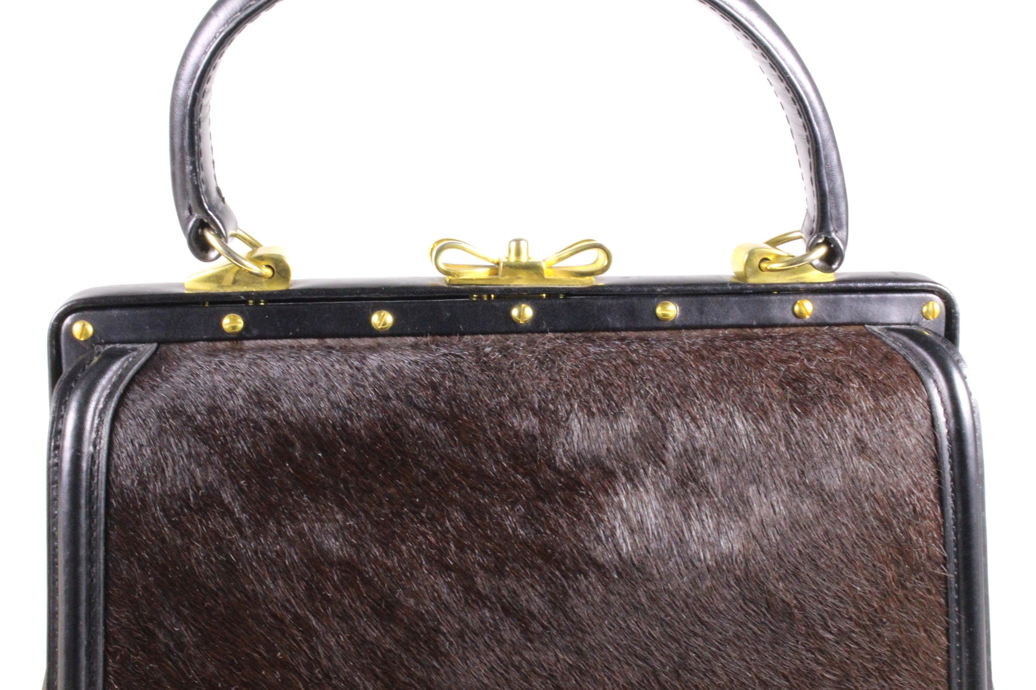 Black leather and brown fur frame handbag – Vintage Carwen