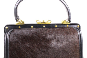 Black leather and brown fur frame handbag