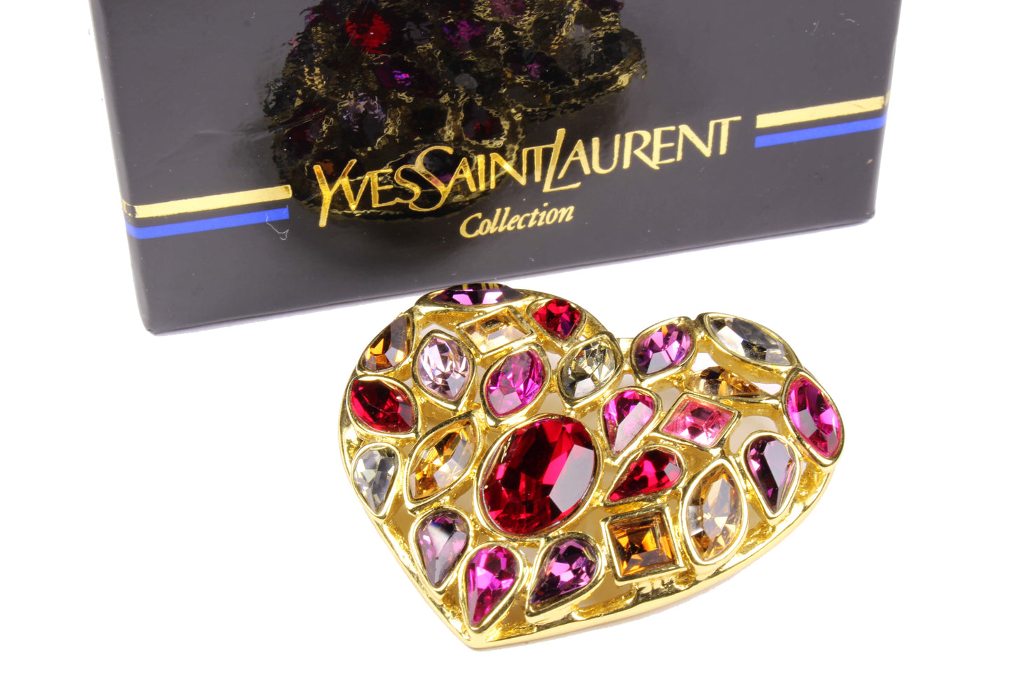 YVES SAINT LAURENT gold heart multicolor rhinestone brooch