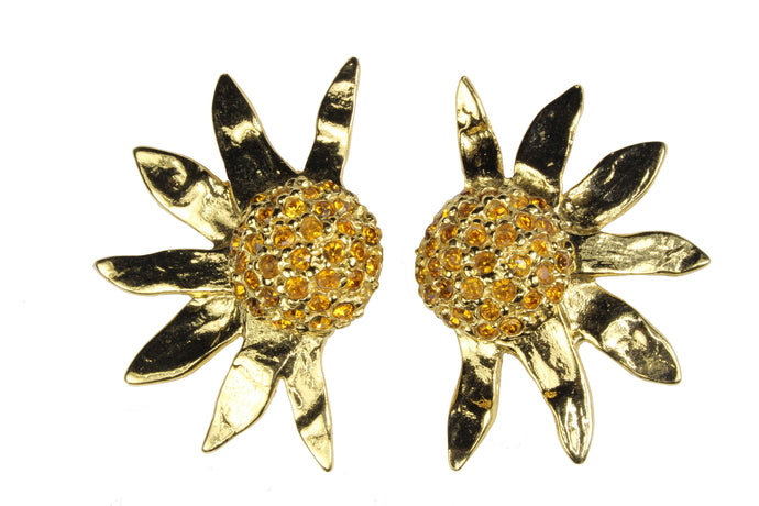 YVES SAINT LAURENT large rhinestones sunflower earrings