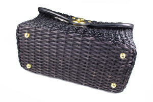 Black woven raffia box purse with metal handle