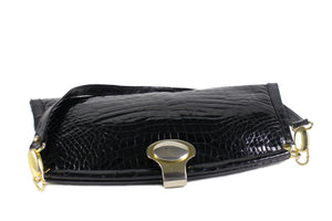 Black crocodile skin clutch with decorative brooch
