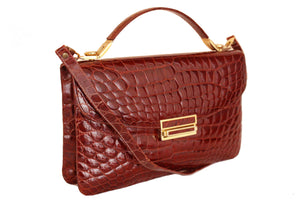 Rectangular cognac color crocodile skin handbag