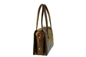 Chocolate brown crocodile skin box purse double handle