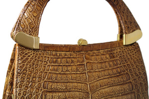 Tobacco color crocodile skin handbag with double handle