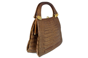Tobacco color crocodile skin handbag with double handle