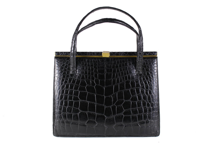 DEAUVILLE black crocodile skin handbag with twin handles