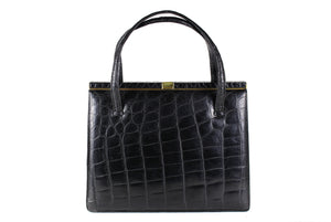 DEAUVILLE black crocodile skin handbag with twin handles