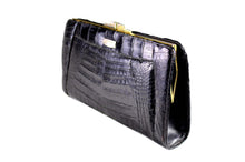 Black crocodile skin frame clutch