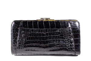 Black crocodile skin frame clutch