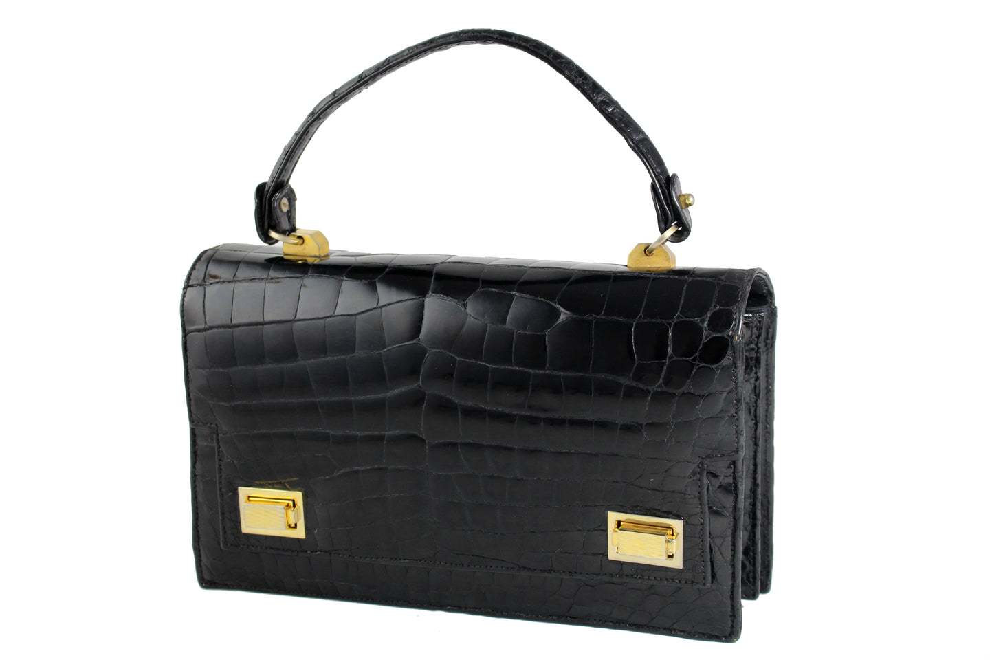 Jet black crocodile skin handbag with flap and double clasp