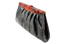 Gray crocodile skin clutch handbag with lucite frame