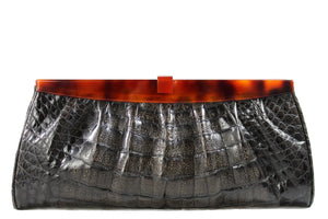 Gray crocodile skin clutch handbag with lucite frame