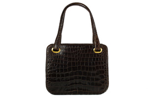 Brown baby crocodile skin frame handbag with twin handles