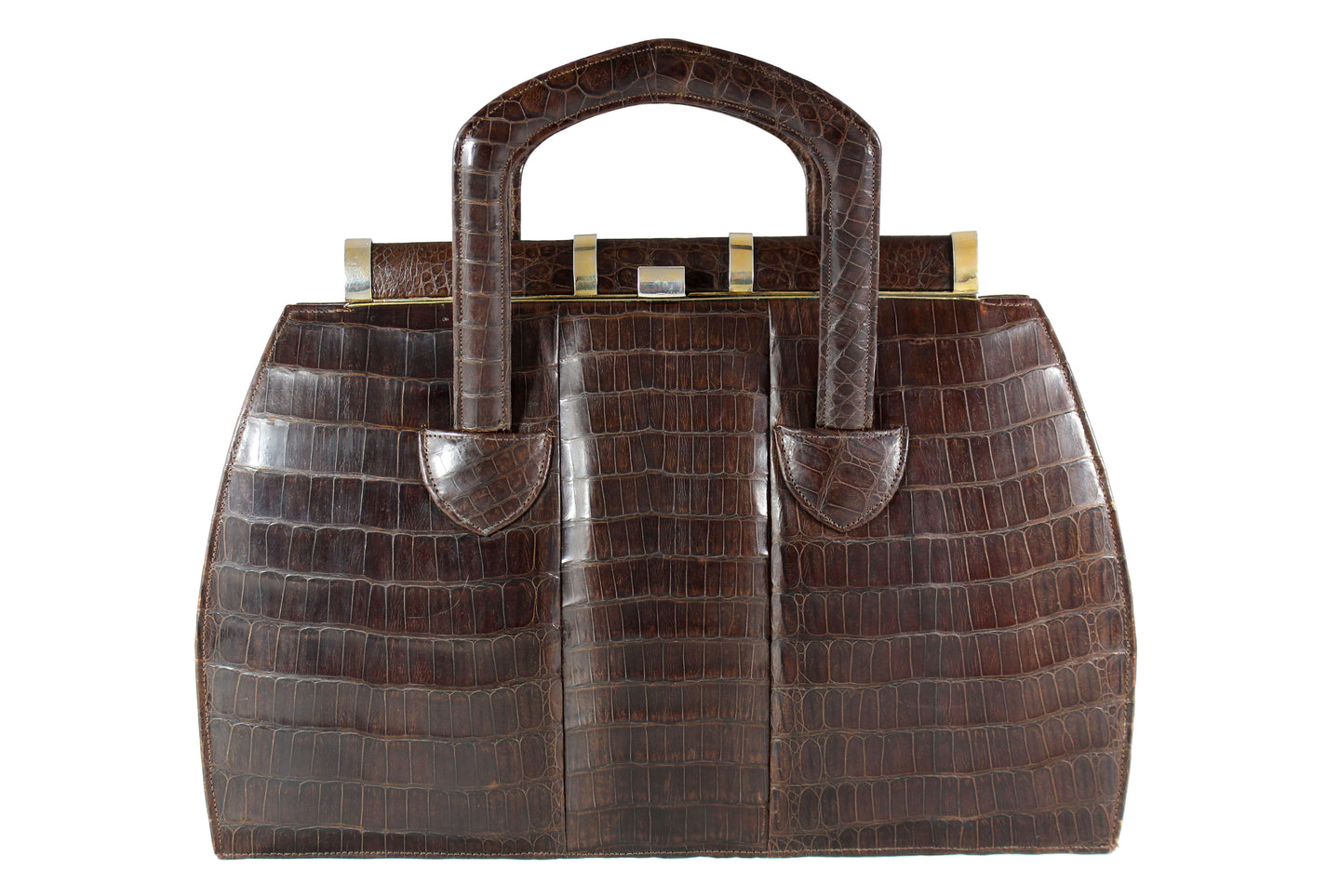Art deco brown crocodile skin handbag with sliding handles