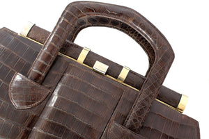 Art deco brown crocodile skin handbag with sliding handles