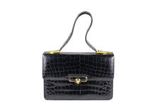 Sizeable black crocodile skin semi long strap handle flap handbag