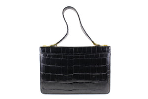Sizeable black crocodile skin semi long strap handle flap handbag