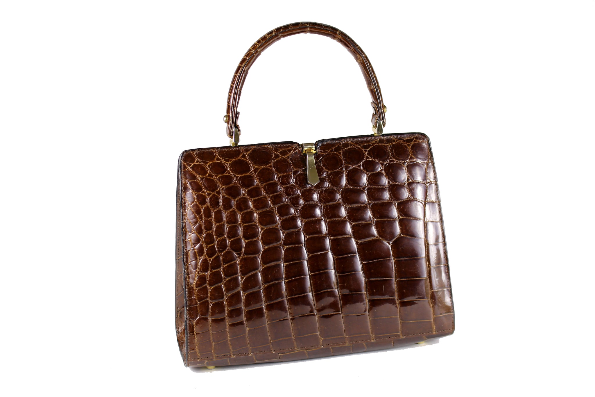 Glossy brown crocodile skin frame handbag – Vintage Carwen