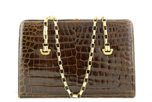 Chocolate brown baby crocodile skin handbag chain handle