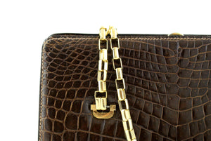 Chocolate brown baby crocodile skin handbag chain handle