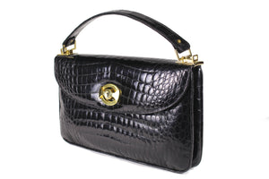 Rectangular black crocodile skin handbag