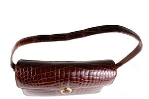 Rectangular cognac crocodile skin shoulder bag