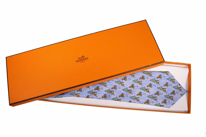 HERMÈS beaver and pine blue silk tie