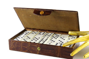 Domino game set brown crocodile skin case