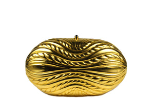 Golden metal oval-shaped clutch